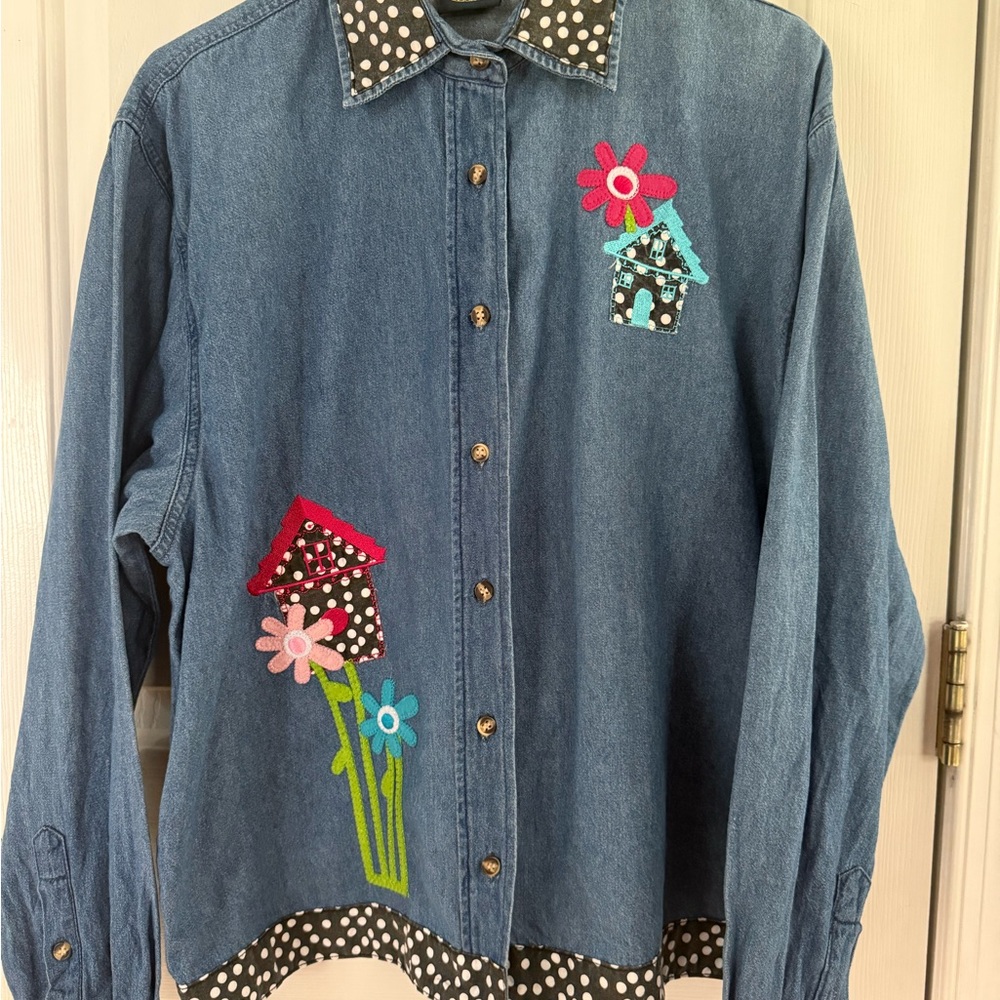 Vintage Denim Shirt with Floral Appliqué and Polka Dot Accents